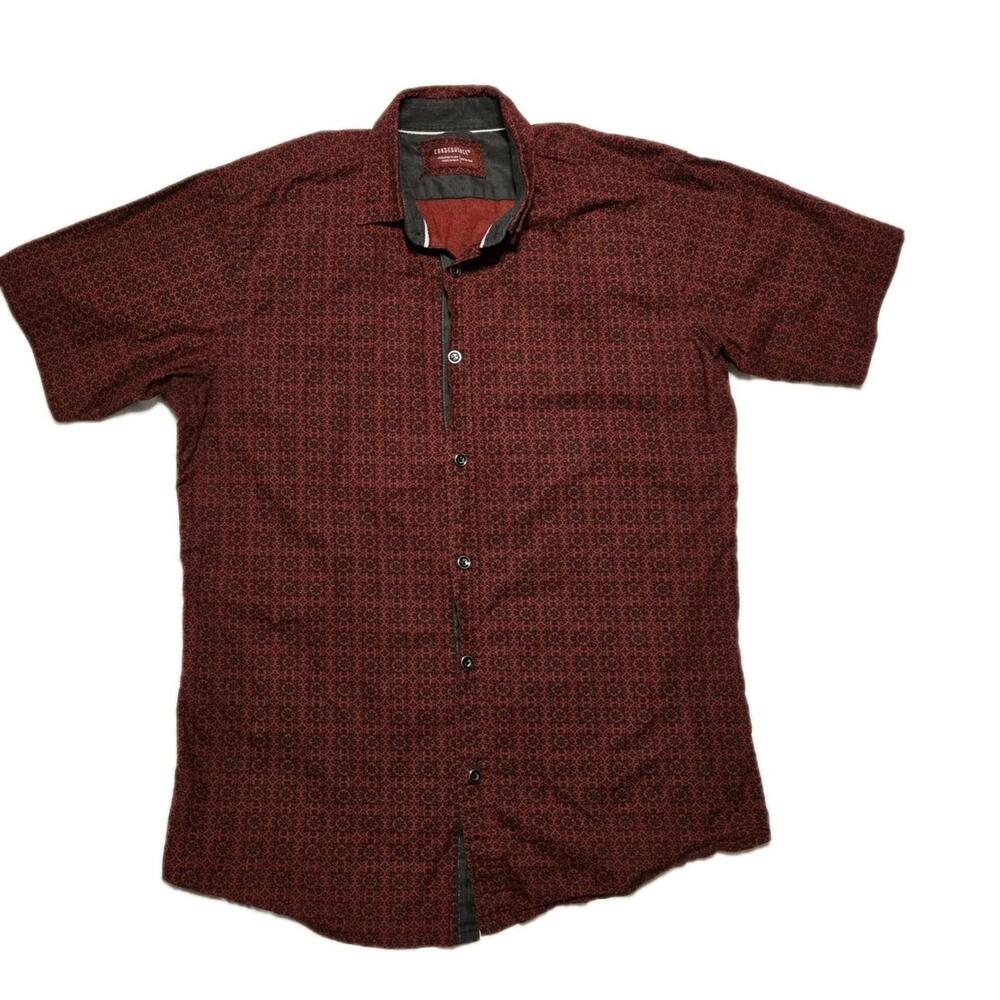 CONSEQUENCE Button Up Shirt Men’s Medium M Black Red Geometric All Over Print
